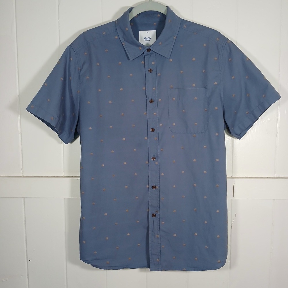 Katin Mens Large Blue Embroidered Geometric Short Sleeve Button up Cotton Shirt